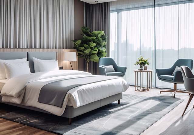 Bedroom Luxury The luxurious hotel room showcased a modern interior design, with a spacious layout and comfortable furniture, offering guests a cozy home-like experience. The large window allowed natural light to fill the space, enhancing the overall ambiance. The concept of blending comfort and style was evident in every detail, from the sleek architecture to the carefully curated decor. A stylish table with a steaming cup of coffee completed the perfect setting for travelers seeking a relaxing and indulgent vacation.